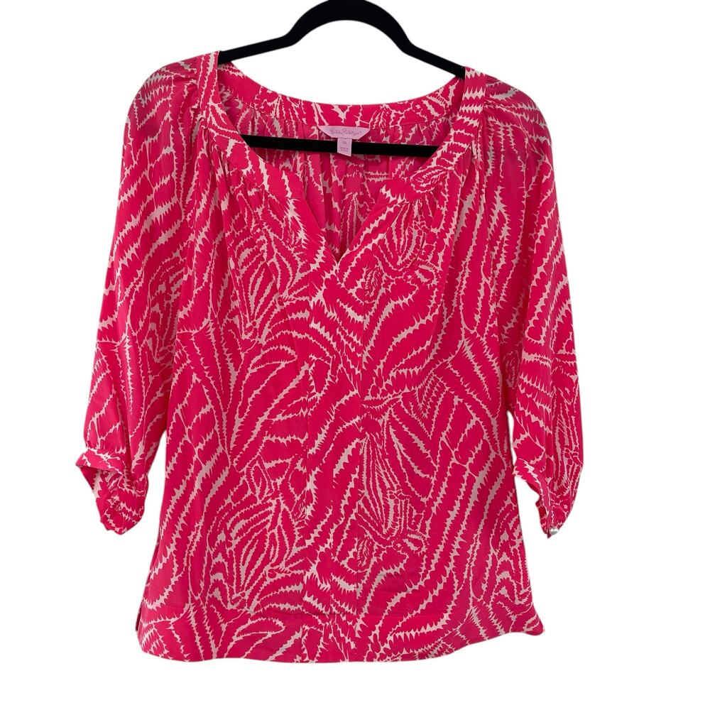 Lilly Pulitzer 100% Silk Moxy Show Your Stripes Pink Blouse Womens XS AS IS